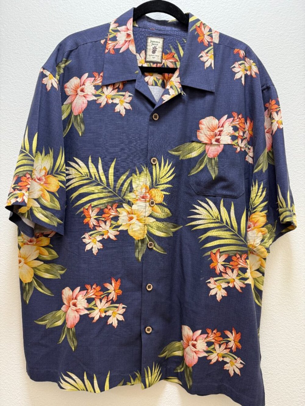 Jamaica Jaxx Silk Hawaiian Aloha Hibiscus Flower Button Front Shirt XXL Blue